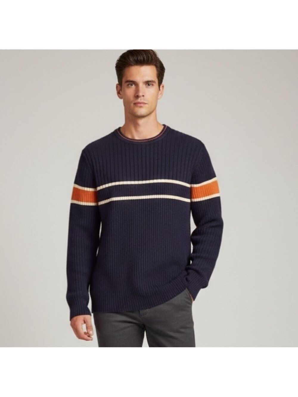 Vintage Y2K A. Adams & Spire Striped Ribbed Sweater Navy Orange Retro Sporty L